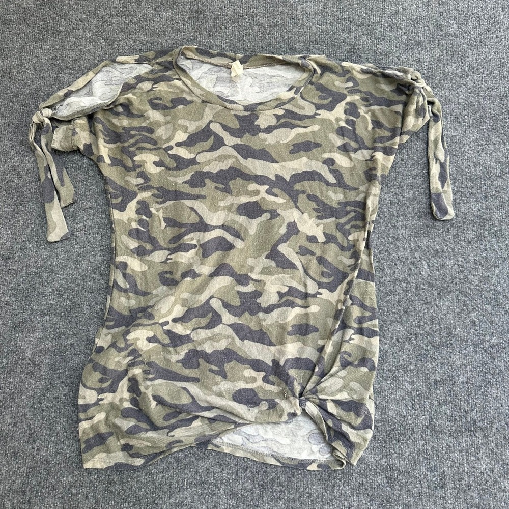 Abound Cold Shoulder Top Womens Size L Green Camo Tie Sleeve Knot Front Knit